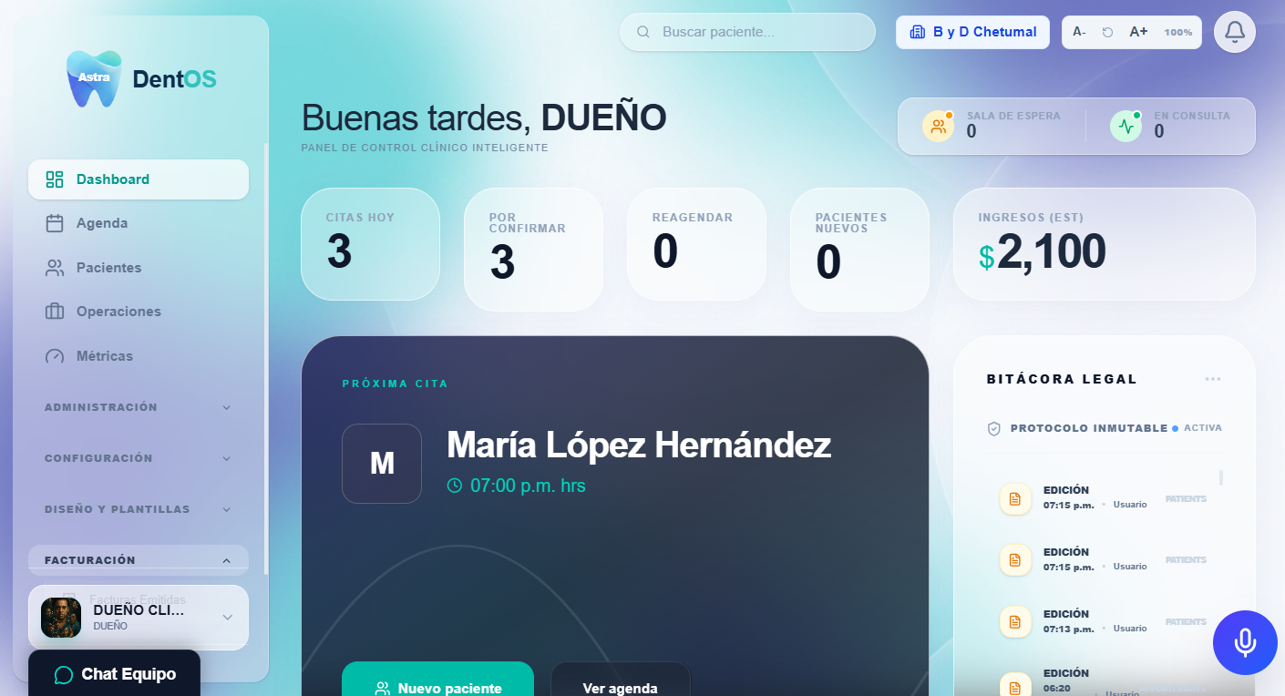 Dashboard principal de Astra DentOS